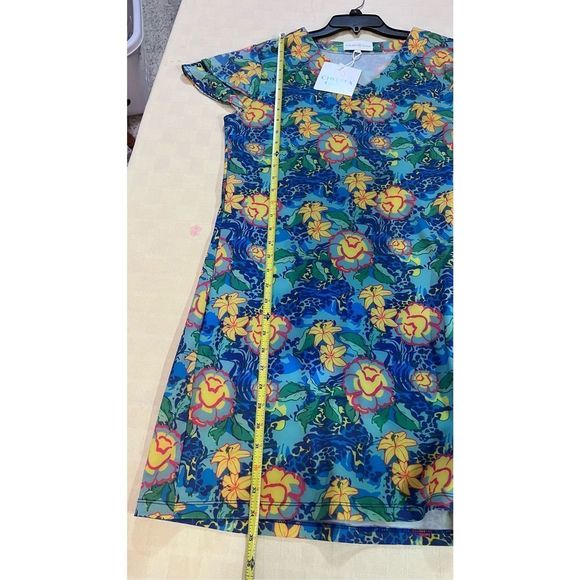 Chelsea Gunn Womens Tunic Blouse Short Sleeve Floral Blue Yellow Large - Picture 9 of 10